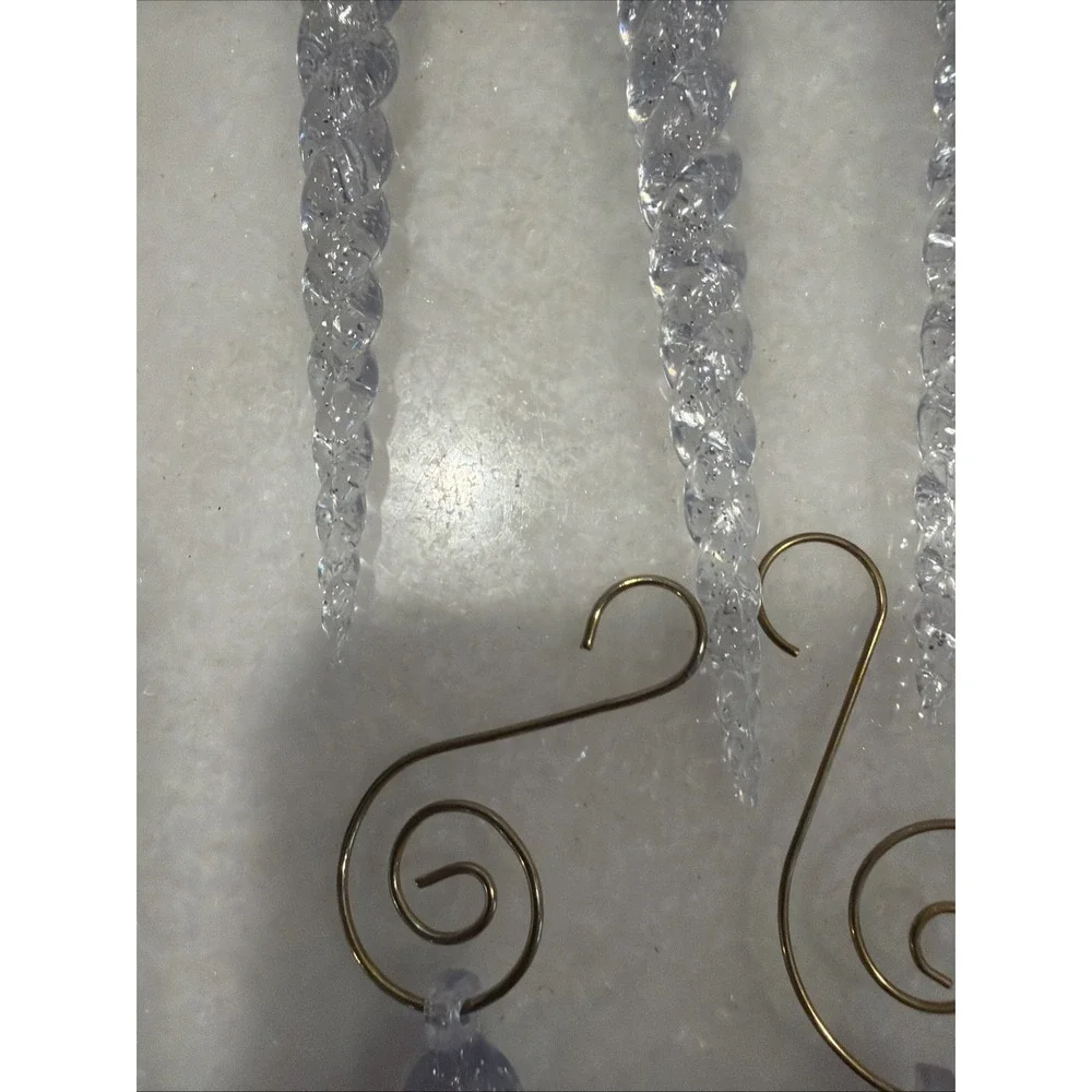 Icicle Ornaments Clear Plastic 5 Inches Long Set of 10 With Gold Ornate Hooks 01